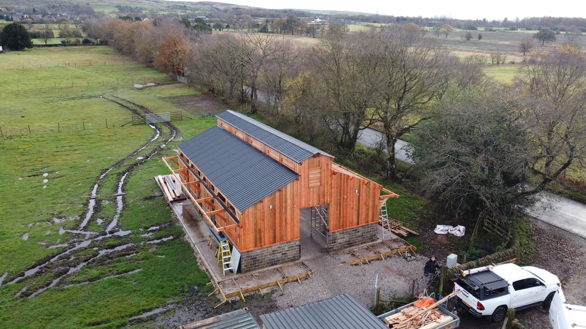 Timber frame barn aerial shot